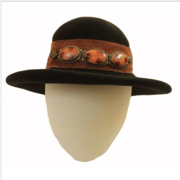 Eric Javits Black Wool Hat Wide Brim Suede Band with Stones Vintage Retro HTF - Picture 3 of 8